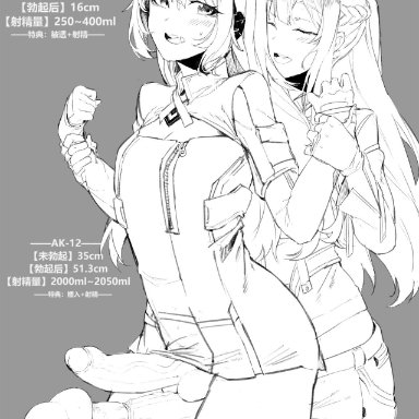 2futas, ak-12 (girls frontline), an-94 (girls frontline), big balls, big breasts, big penis, black and white, box20502017, chinese text, cleavage, cleavage cutout, comparing penis, drooling, futa on futa, futa only