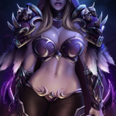 2019, abs, armor, belly, big breasts, blizzard entertainment, blonde, blonde hair, breasts, cleavage, clothed, clothing, dagger, elf, feathers