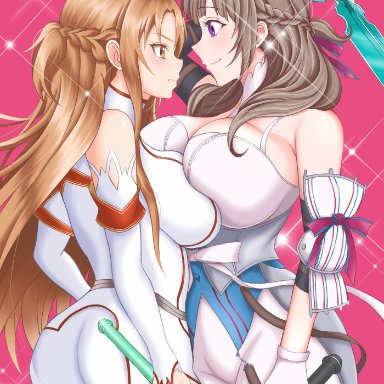 2girls, alternate breast size, armor, breasts, breasts press, brown eyes, brown hair, crossover, dress, gloves, milf, oosuki mamako, sword art online, yuuki asuna