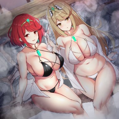 2girls, bangs, bikini, black bikini, blonde hair, blush, breasts, cleavage, frown, hair ornament, hikari (xenoblade 2), homura (xenoblade 2), large breasts, legs, long hair