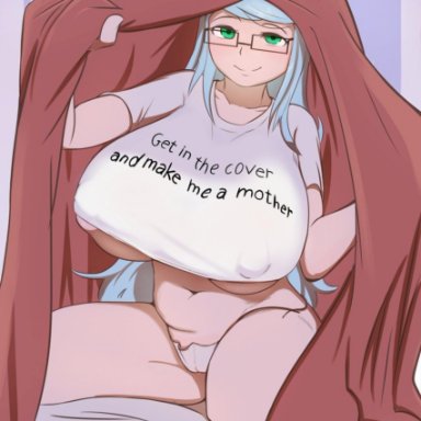 big breasts, blanket, blue hair, glasses, green eyes, setawar (artist), text on shirt, white panties, white shirt