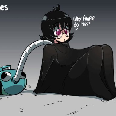 animated, black hair, blush, diives, garbage bags, glasses, hunter x hunter, pink eyes, plastic bag, shizuku, sound effects, sports bra, vacuum cleaner, webm