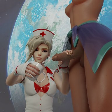 1futa, 3d, auxtasy, ball gag, bondage, cum, cumshot, female, futanari, handjob, mercy, overwatch, sombra