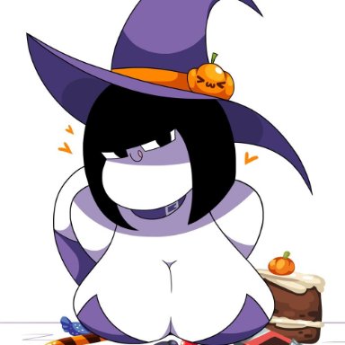 :3, <3, 1girl, android, androjuniarto, bent over, big breasts, black eyes, black hair, breasts, busty, cake, candy, candy cane, candy corn