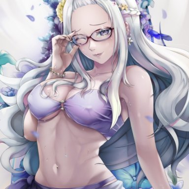 adjusting glasses, akais, bikini, bracelet, breasts, cleavage, closed mouth, covered nipples, earrings, fairy tail, female, glasses, gray eyes, groin, hair ornament