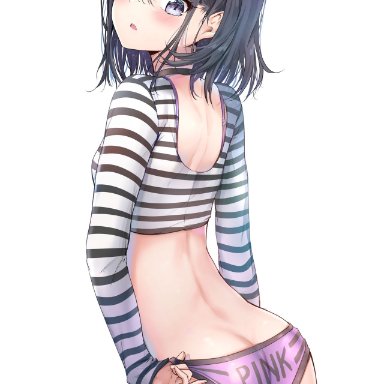 1girl, adagaki aki, adjusting panties, ass, bangs, black hair, blue eyes, boobs and butt pose, choker, copyright request, cowboy shot, eyebrows visible through hair, female, female only, midriff baring shirt