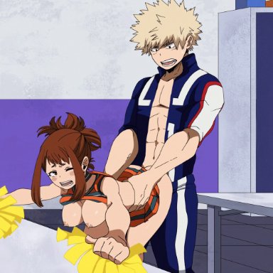 1boy, 1girl, abs, animated, ass, blonde hair, breasts, brown hair, cheerleader, color, digital media (artwork), female, katsuki bakugou, male, my hero academia