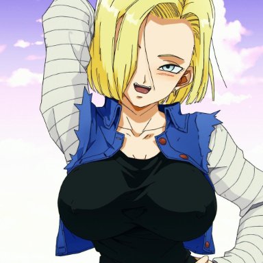 1girls, android 18, blonde hair, blue eyes, cleavage, curvy, dragon ball, erect nipples, female, gigantic breasts, huge areolae, liesday, puffy nipples, short hair, thick lips