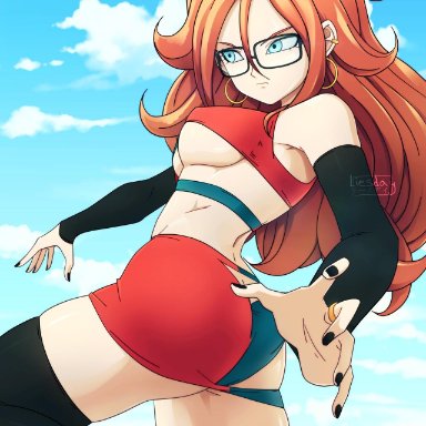 1girls, android 21, big breasts, blue eyes, cameltoe, cleavage, curly hair, curvy, dragon ball, dragon ball fighterz, erect nipples, female, glasses, huge areolae, huge ass