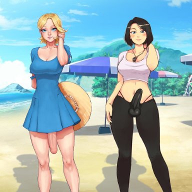 2futas, balls, bbc-chan, beach, big breasts, big penis, biting lip, black hair, blonde hair, blue eyes, blush, breasts, bulge, cleavage, clothing