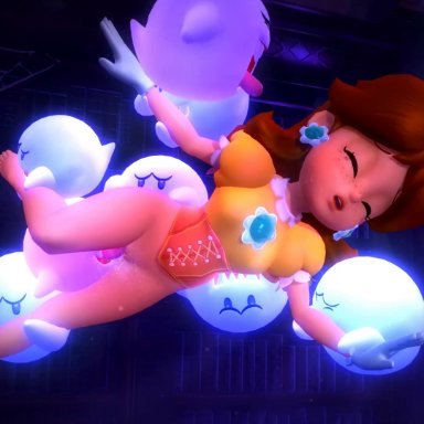 3d, animated, boo (mario), brown hair, ghost, licking, nintendo, onmodel3d, peepa, possession, princess daisy, saliva, scaredy rat, sound, super mario bros.