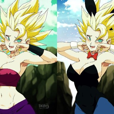 1girls, blonde hair, blue eyes, cameltoe, caulifla, cleavage, curvy, dragon ball, dragon ball super, erect nipples, female, huge areolae, huge ass, huge breasts, liesday