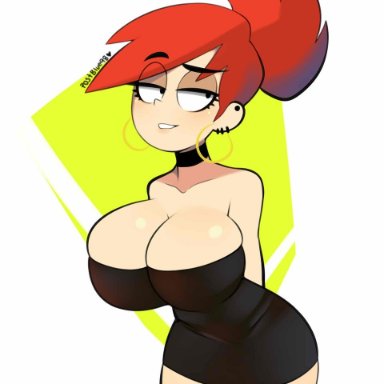1girls, big breasts, black dress, breasts, choker, covered breasts, earrings, eyes, eyes half open, foster's home for imaginary friends, frankie foster, postblue98, red hair, smile