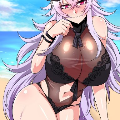 1girls, azur lane, beach, breasts, graf zeppelin (azur lane), huge breasts, lavender hair, long hair, megane man, ocean, red eyes, solo, swimsuit, very long hair