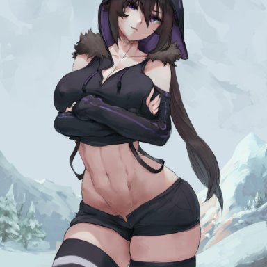 ass, belly, black eyes, black hair, black hat, black legwear, black shorts, breasts, cleavage, commission, crop top, crossed arms, curvaceous, cutesexyrobutts, female