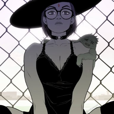 animal, bare arms, bare shoulders, beast boy, breasts, busty, choker, cleavage, dc, dress, earrings, female, female focus, female only, garfield logan