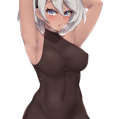 1girls, alternate breast size, areolae, armpits, arms up, ass, bea (pokemon), belly, big breasts, blue eyes, blush, bodysuit, breasts, clothed, clothes