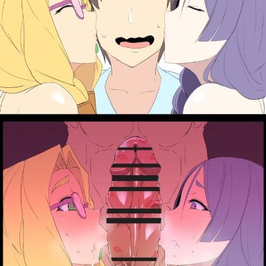 2girls, big penis, cheating, fate (series), fate/grand order, fujimaru ritsuka (male), heart-shaped pupils, kiss mark, kissing, kissing penis, ky., male, minamoto no raikou (fate/grand order), muscular, netorare