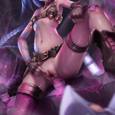 1girls, anal, anal masturbation, blue hair, blush, dildo, female, female focus, female only, flat chest, flat chested, gaping pussy, jinx (league of legends), league of legends, navel