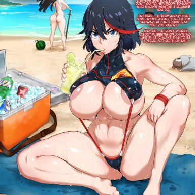 abs, beach, big breasts, bikini, blue eyes, blush, caption, dark hair, drinking, flirting, kill la kill, kunaboto, looking at viewer, matoi ryuuko, puffy nipples