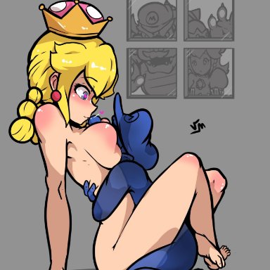 2boys, 2girls, ass, big breasts, blonde hair, blue eyes, bowser, bowser jr., breasts, chubby, clothed female nude male, crossed legs, crown, duo, duo focus