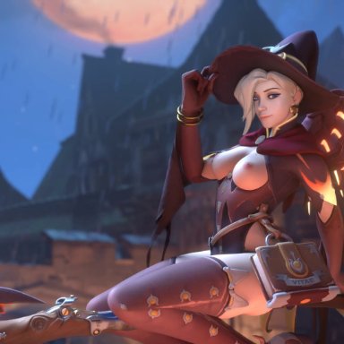 1girls, 3d, alternate costume, animated, areolae, blender, blonde hair, breasts, Dreamrider, female, female only, looking at viewer, mercy, nipples, no sound