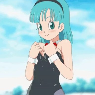 big breasts, blue eyes, blue hair, bouncing breasts, breasts, bulma briefs, bunny ears, bunnysuit, dragon ball, impact (font)