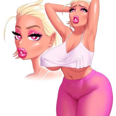 1girl, big breasts, big lips, bimbo, bimbofication, blonde hair, cameltoe, cleavage, eyelashes, eyeshadow, fellatrix, heart-shaped pupils, lipstick, looking at viewer, makeup