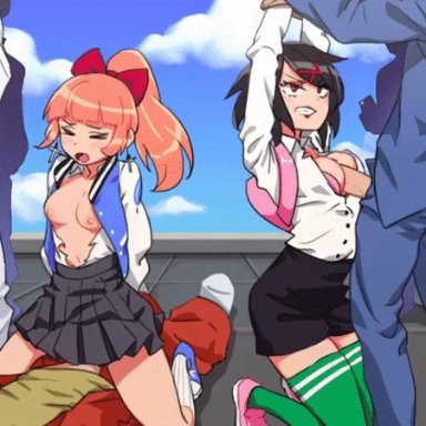 2boys, 3girls, angry, animated, berg, black hair, blush, bow, cowgirl position, crying, defeated, kunio-kun, kyoko (kunio-kun), masturbation, misako (kunio-kun)