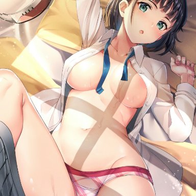 :o, amusphere, areola slip, areolae, bed, black hair, blue eyes, blush, bob cut, breasts, day, dress shirt, female, green eyes, hair ornament