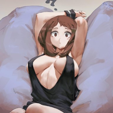 :o, ?, 1girls, armband, armpits, arms up, ass, back, bare shoulders, black dress, black shirt, blush, blush stickers, breasts, breasts apart