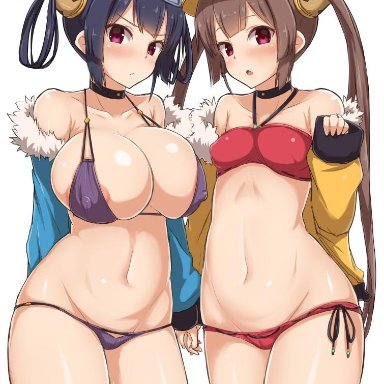 2girls, ahoge, areola slip, areolae, arms behind back, azur lane, bikini, black hair, blush, breasts, brown hair, chinese, choker, collarbone, cowboy shot