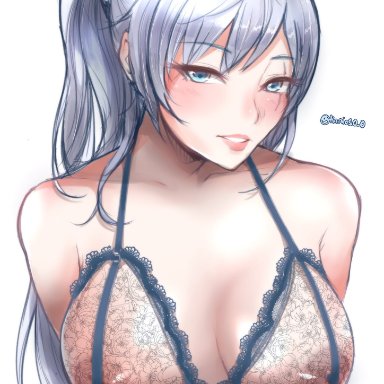 1girls, areolae, big breasts, breasts, female, female only, large breasts, looking at viewer, nipples, rwby, solo, tinnies, weiss schnee