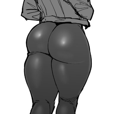 ass, braid, braided ponytail, dark elf, dark skin, dark-skinned female, elf-san wa yaserarenai, huge ass, kuroeda-san, leggings, long hair, looking back, mole, monochrome, plump