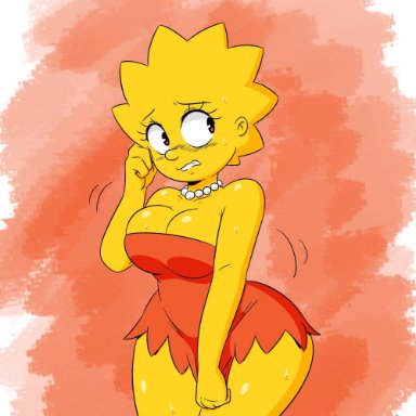 alternate breast size, clothed, dress, embarrassed, joaoppereiraus, lisa simpson, necklace, red dress, sweating, the simpsons, yellow skin