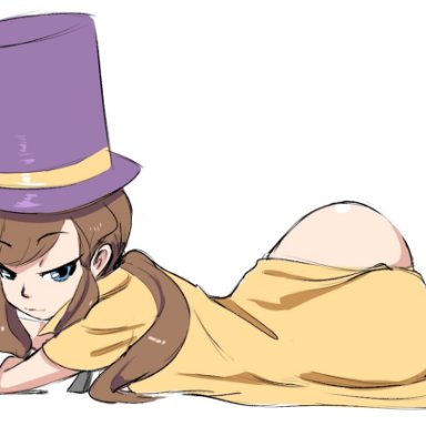 a hat in time, ass, bard-bot, blue eyes, brown hair, cape, hat, hat kid, on side, peace sign, ponytail, text, v