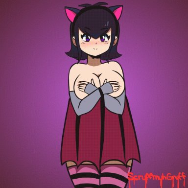 animated, areolae, blush, breasts, female, female only, hotel transylvania, large breasts, looking at viewer, mavis dracula, nipples, panties, scruffmuhgruff, solo, thighhighs