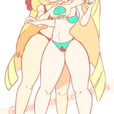 2girls, aether foundation, animated, bare legs, belly, bikini, blonde hair, blush, breast grab, breast squeeze, breasts, cleavage, cynthia (pokemon), diives, duo