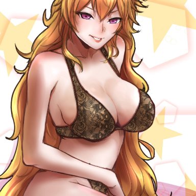 1girls, big breasts, blonde hair, bra, breasts, cleavage, female, female only, large breasts, looking at viewer, panties, rwby, solo, tinnies, yang xiao long