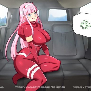 1girl, blue eyes, bokuman, car, darling in the franxx, female, fully clothed, high heels, large breasts, long hair, looking at viewer, nipple bulge, not bokuman, pink hair, smiling