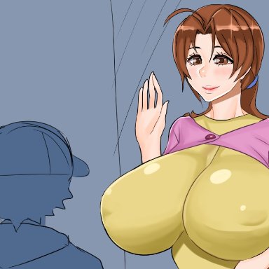 1boy, 1girls, age difference, ahoge, alternate breast size, ambiguous gender, brown hair, delia ketchum, huge breasts, larger female, long hair, milf, nintendo, nipples visible through clothing, partially colored
