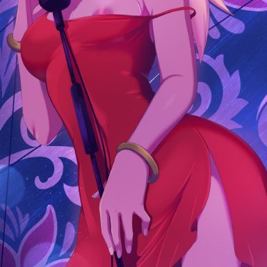 blonde hair, breasts, brown skin, clothed, dress, female, gravity rush, kat (gravity rush), merunyaa, microphone, nipple slip, nipples, red dress, red eyes, solo