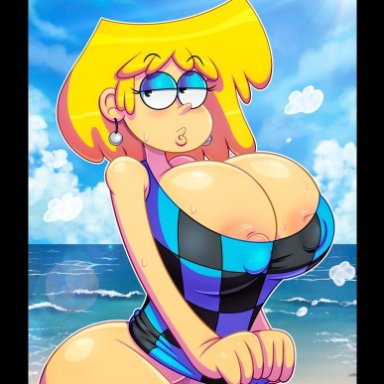 1girls, artist request, beach, big breasts, big nipples, blonde hair, breasts, female, female only, gigantic breasts, half-closed eyes, huge areolae, huge breasts, large breasts, lori loud