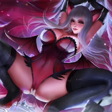 1girls, ahri, big breasts, breasts, cleavage, female, female only, large breasts, league of legends, looking at viewer, silver hair, solo, spread legs, thighhighs, windwalker