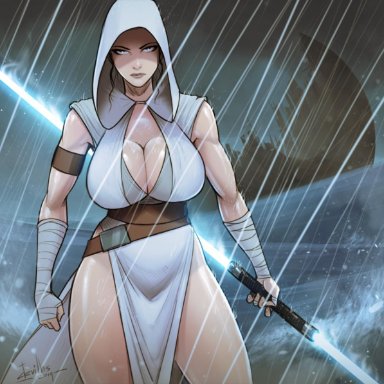 1girl, breasts, brown hair, cleavage, devil hs, female, female only, highres, large breasts, lightsaber, rain, rey, solo, star wars, weapon