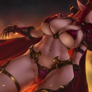 alexstrasza, breasts, gold eyes, high resolution, highres, horns, limgae, looking at viewer, pointy ears, red hair, world of warcraft