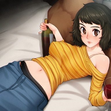 akira kurusu, alcohol, belly button, black panties, blush, bottle, brown eyes, cum in pussy, cunnilingus, cute, drunk, lace-trimmed panties, looking at viewer, navel, neocoill