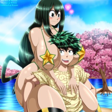 1boy, between breasts, bikini, ero-enzo, female, green hair, head between breasts, heart, huge breasts, huge thighs, izuku midoriya, long hair, micro bikini, my hero academia, outdoor