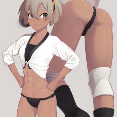 1girls, abs, alternate outfit, ass, bea (pokemon), below view, blonde hair, brown eyes, close-up, clothed, eye contact, female, hairband, hands on hip, hands on hips