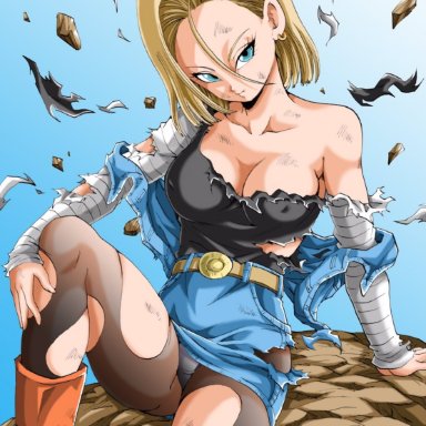 1girls, android 18, artist request, big breasts, blonde hair, blue eyes, cameltoe, cleavage, curvy, dragon ball, erect nipples, female, huge areolae, huge ass, puffy nipples